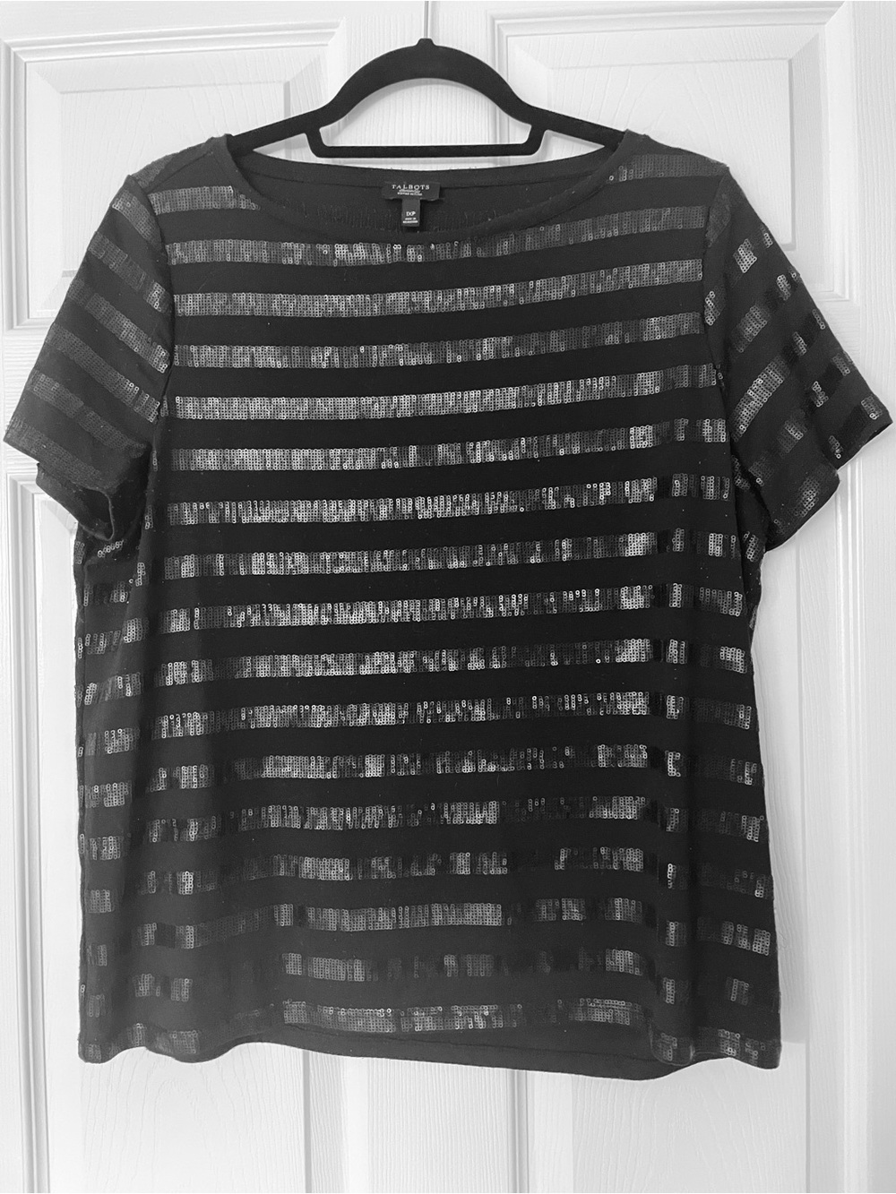 EUC Talbots Black Sequin Stripe Blouse Short Sleeve